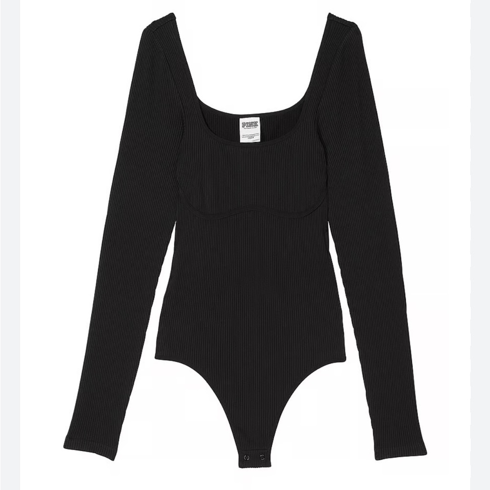VS Pink black ribbed body suit. Features snap gusset. Size XS